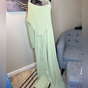 Evelyn-One shoulder Sage belted Jumpsuit